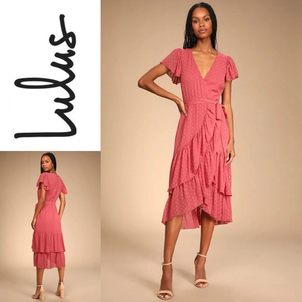 Lulu's Next to You Rusty Rose Sheer Swiss Dot Ruffled Tiered Lined Midi Dress SM